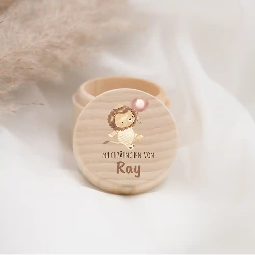Zahndose Milchzähne personalisiert - Holz Zahnbox mit Wunschnamen - Tiger mit Ballon