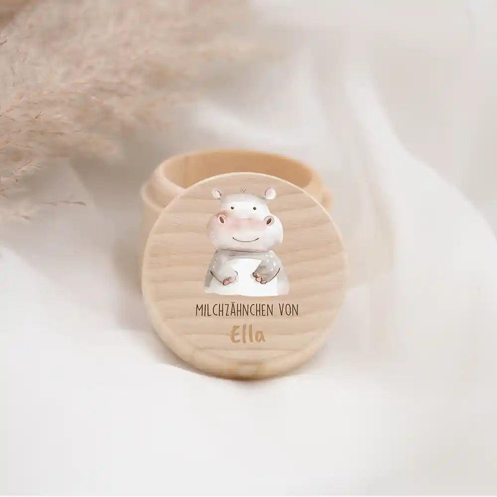 Zahndose Milchzähne personalisiert - Holz Zahnbox mit Wunschnamen - Nilfperd