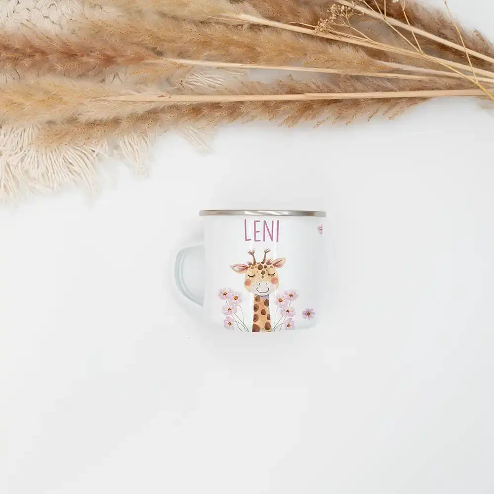 Emaille Tasse personalisiert - Giraffe und Blumen