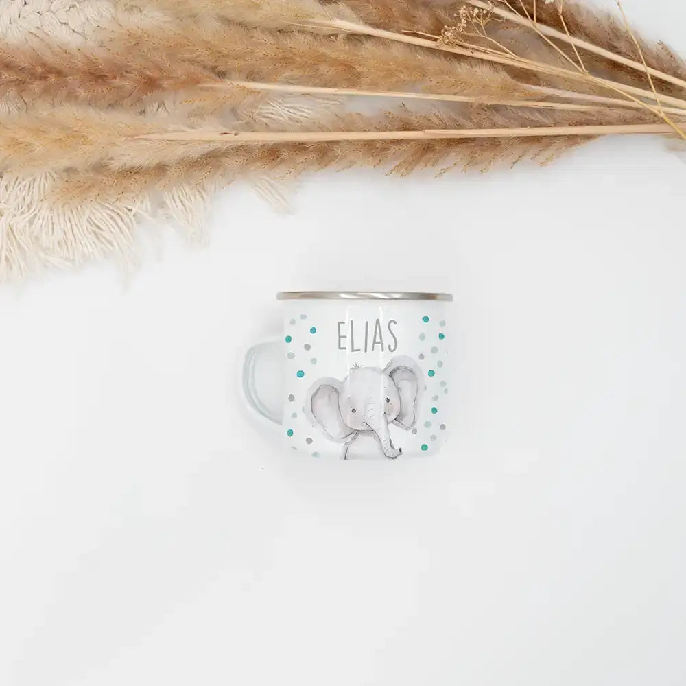 Emaille Tasse personalisiert - Elefant mit Punkten