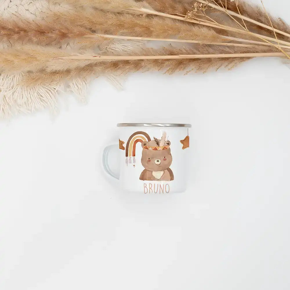 Emaille Tasse personalisiert - Bär mit Regenbogen