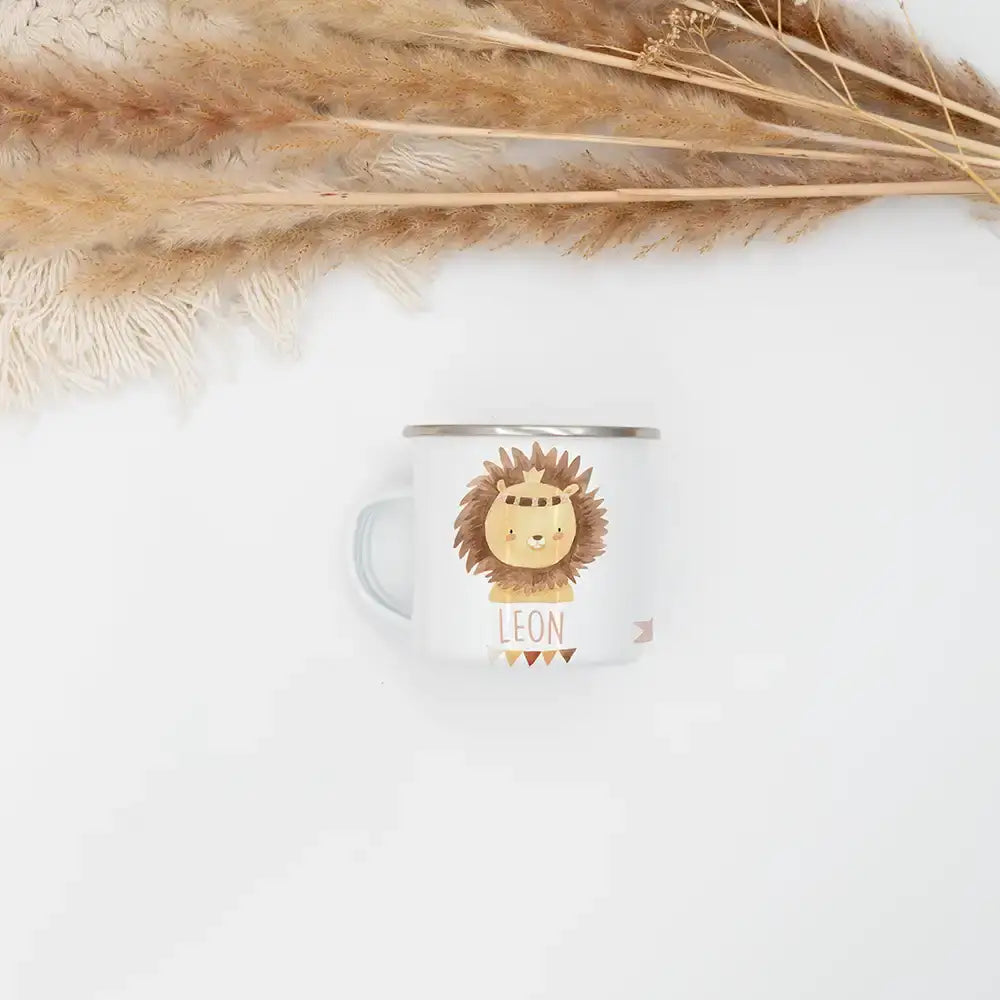 Emaille Tasse personalisiert - Löwe mit Girlande