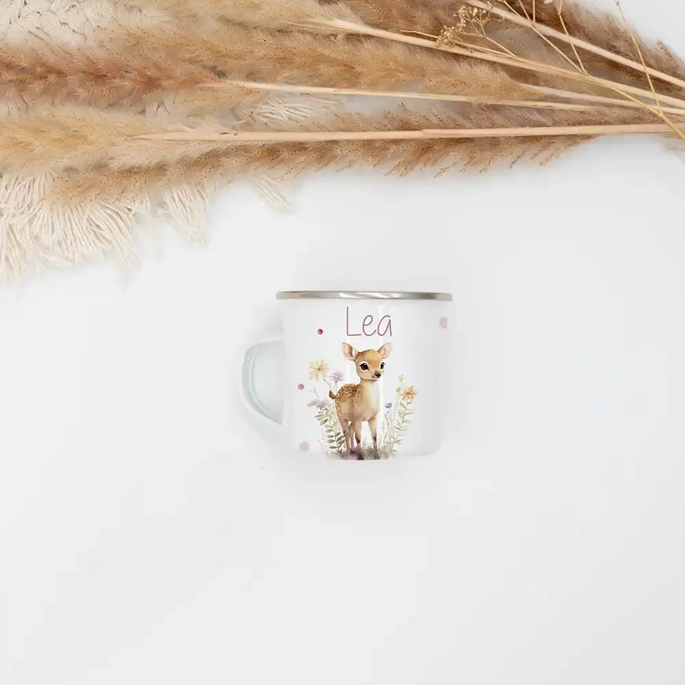Emaille Tasse personalisiert - Reh mit Blumenkranz