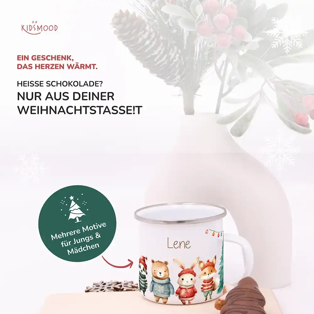 Emaille Tasse personalisiert Weihnachten - niedliche Tiere