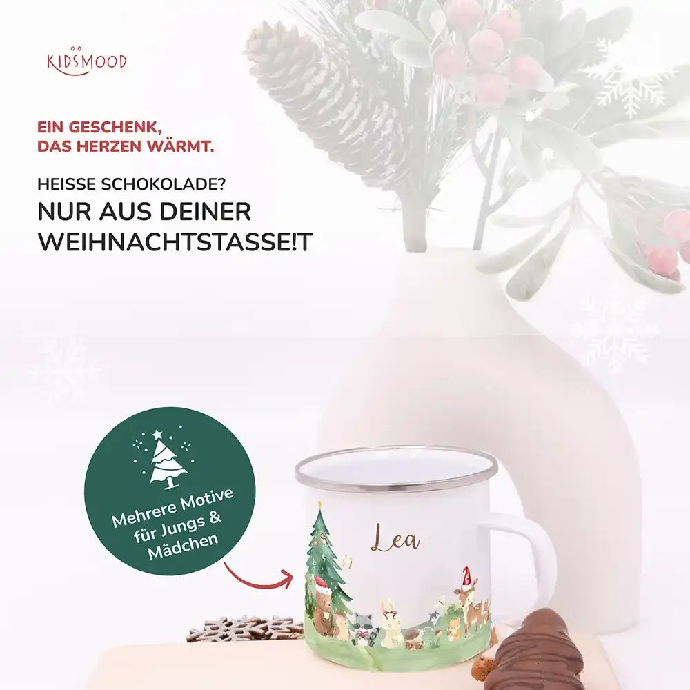 Emaille Tasse personalisiert Weihnachten - Niedliche Waldtiere