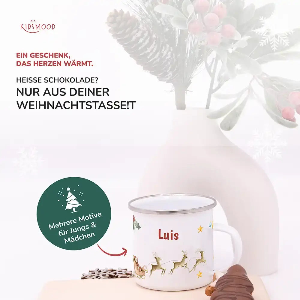 Emaille Tasse personalisiert Weihnachten - Rentier Schlitten