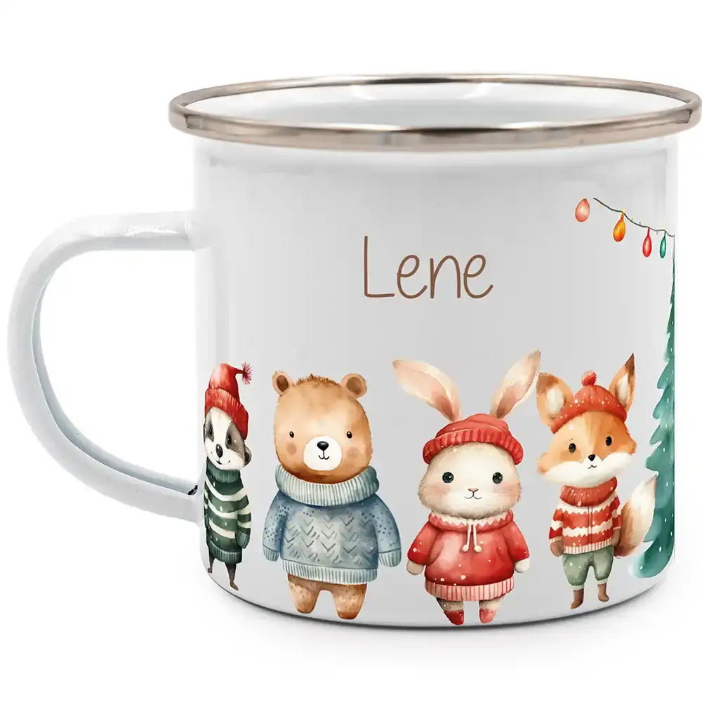 Emaille Tasse personalisiert Weihnachten - niedliche Tiere