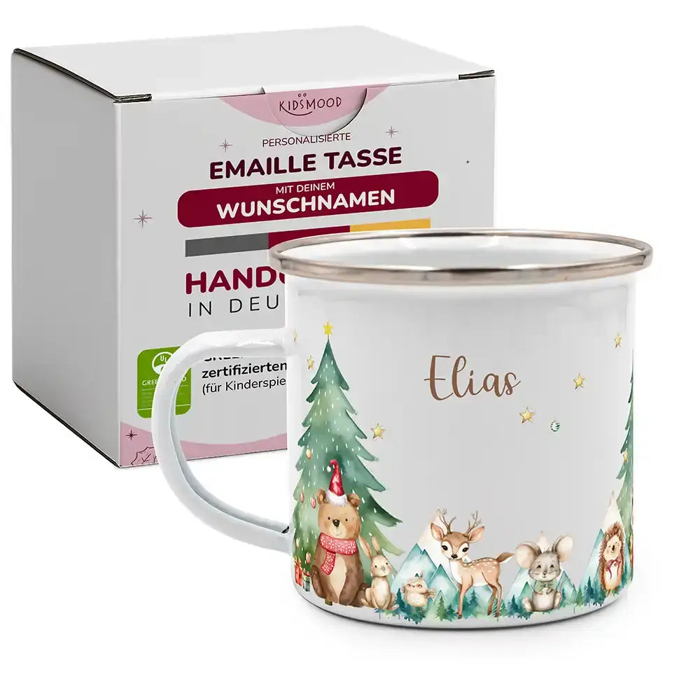 Emaille Tasse personalisiert Weihnachten - Frohe Waldtiere