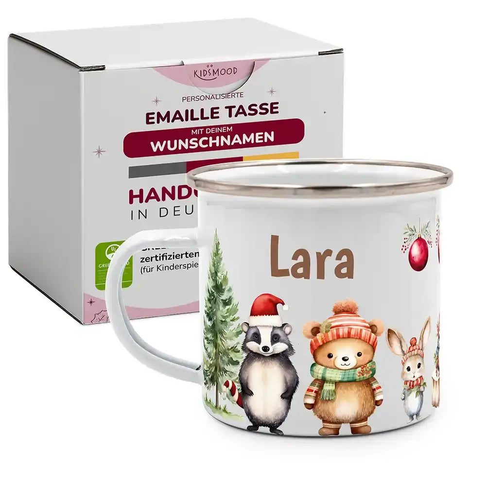 Emaille Tasse personalisiert Weihnachten - Süße Tiere
