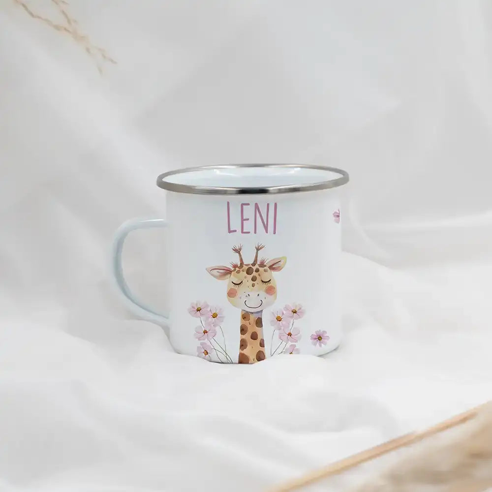Emaille Tasse personalisiert - Giraffe und Blumen