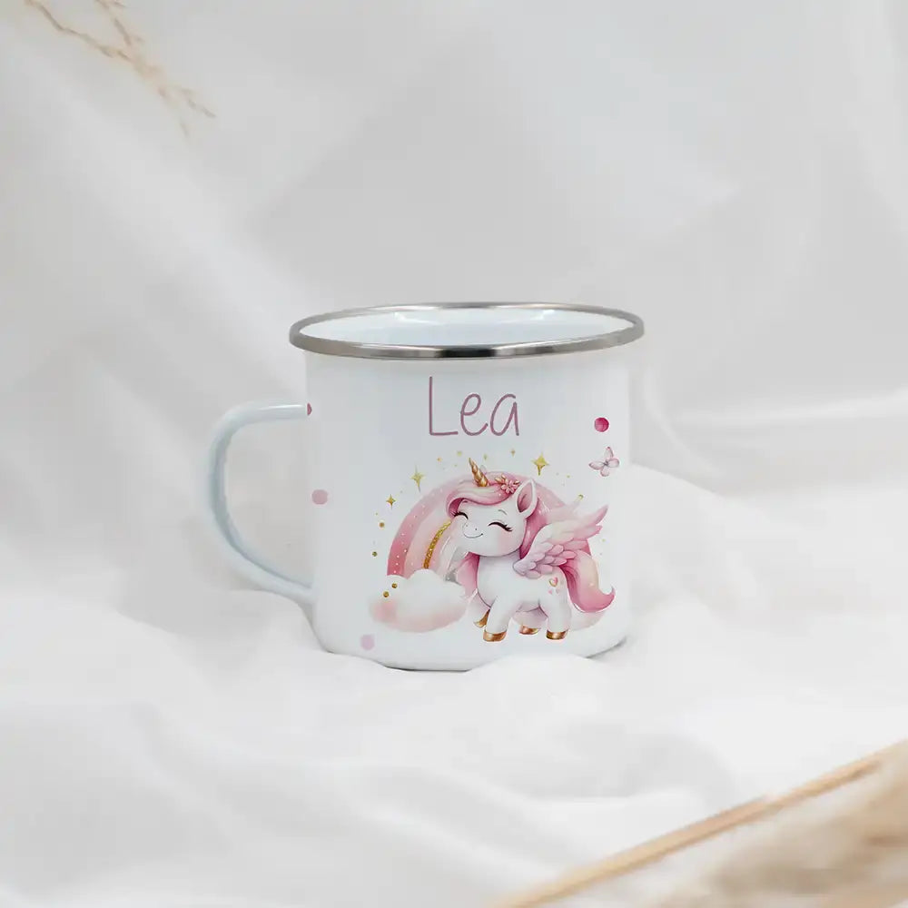 Emaille Tasse personalisiert - Einhorn und Sterne