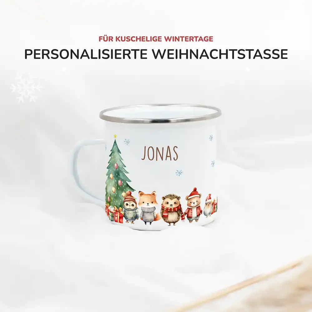 Emaille Tasse personalisiert Weihnachten - Wintertiere