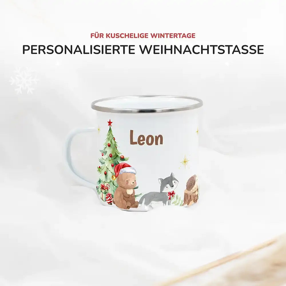 Emaille Tasse personalisiert Weihnachten - Bär und Waschbär