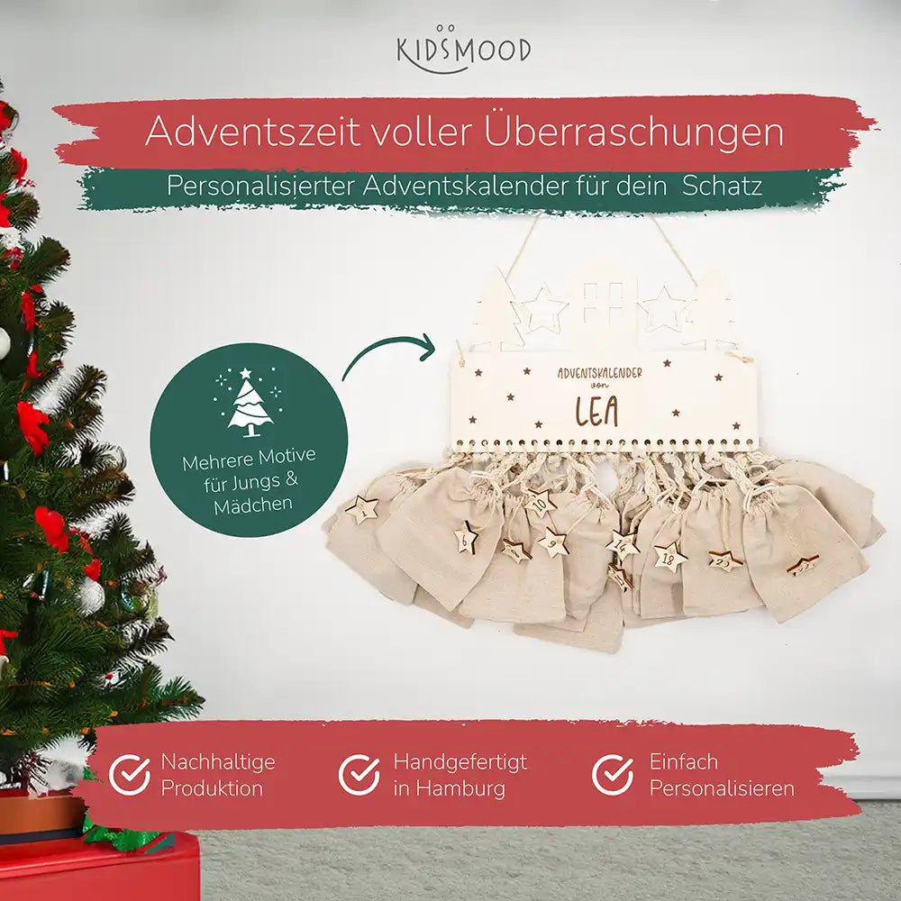 Personalisierbarer Adventskalender "Stadtsilhouette" - Holz & Jute für Kinder