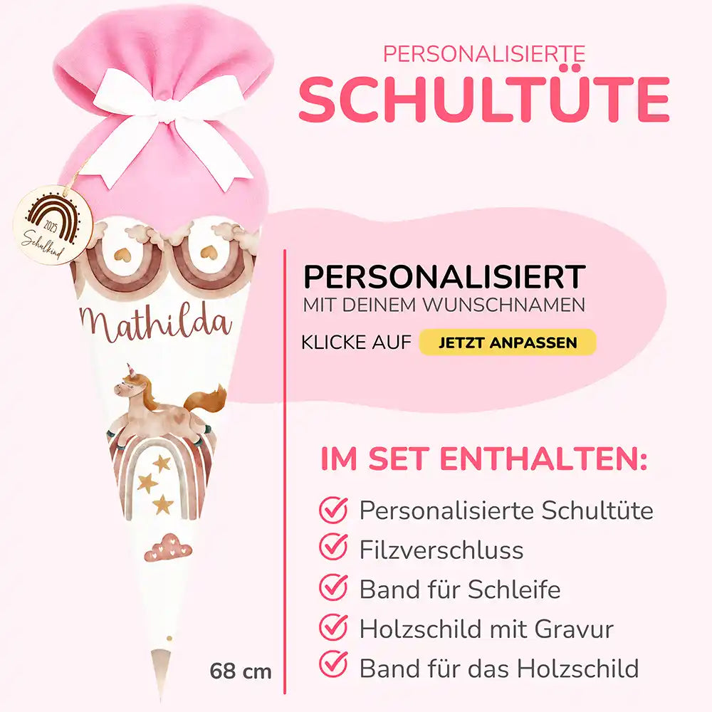 Personalisierte Schultüte mit Namen - Einhorn Boho Regenbogen & Wolken