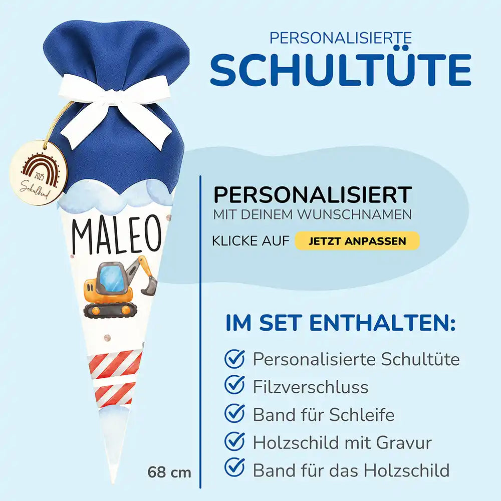 Personalisierte Schultüte mit Namen - Bagger