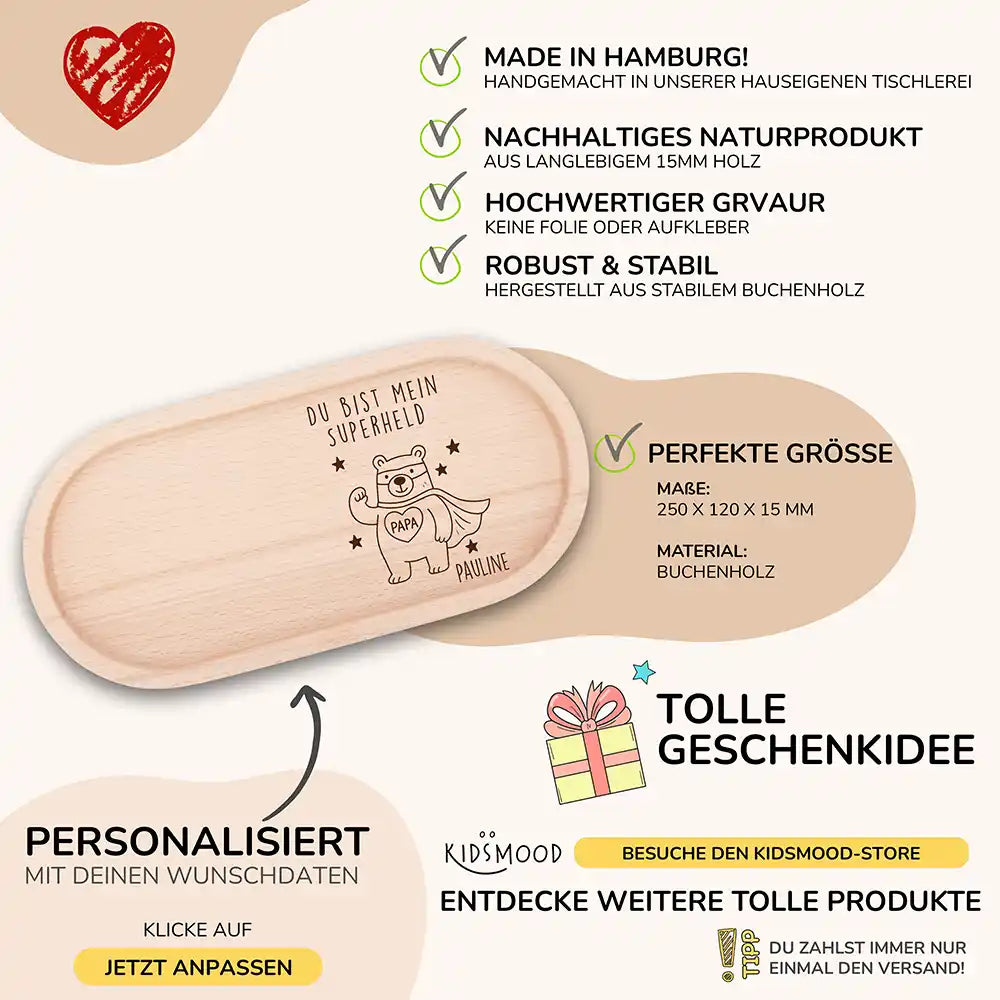Personalisiertes Holz-Serviertablett "Superheld" - Vatertag Geschenk