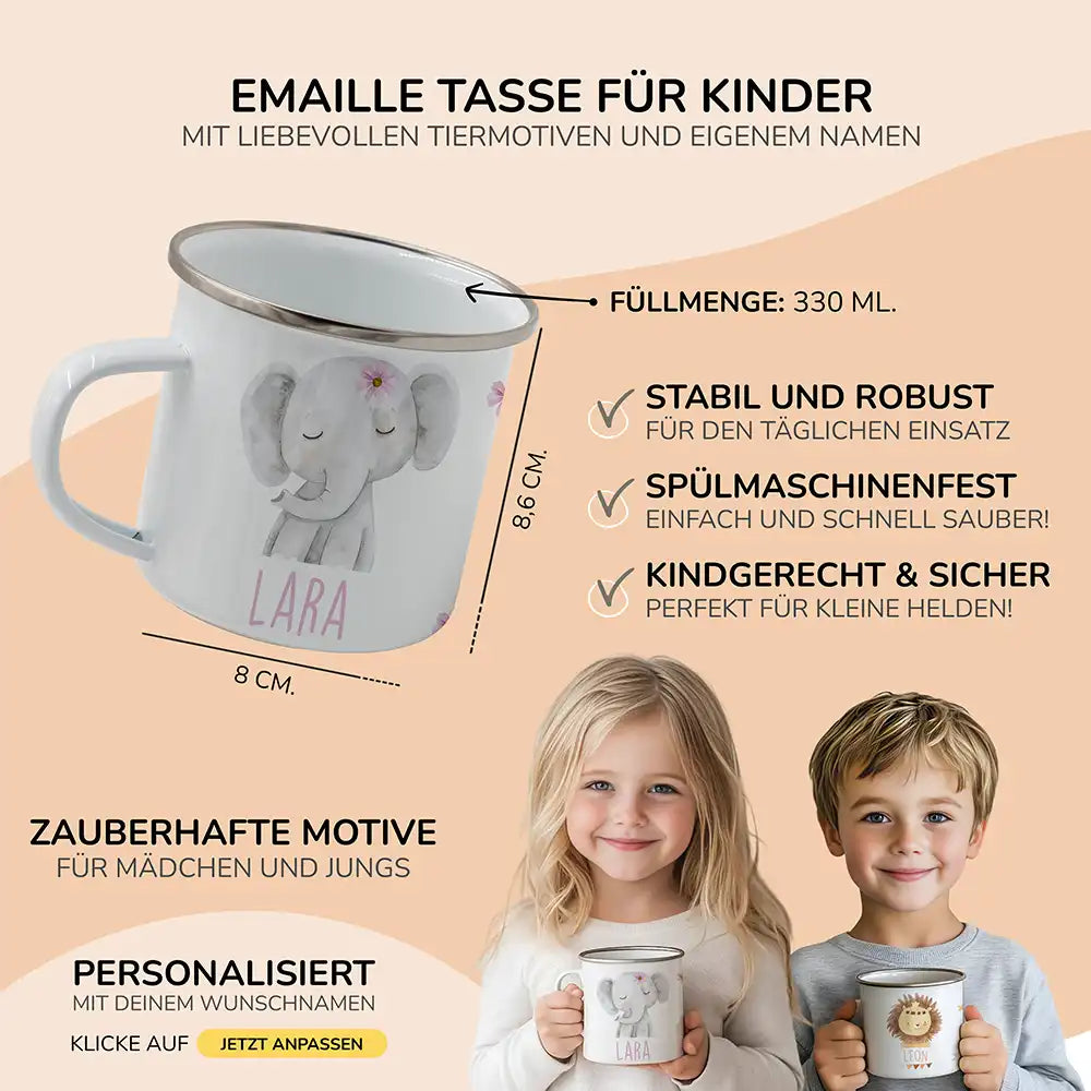 Emaille Tasse personalisiert - Elefant mit Blumen