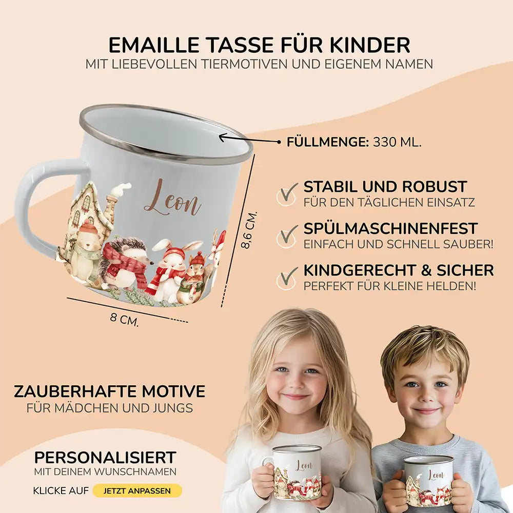 Emaille Tasse personalisiert Weihnachten - Tierfamilie Wald
