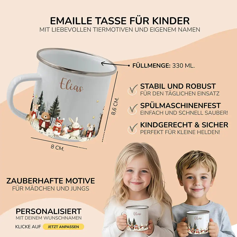 Emaille Tasse personalisiert Weihnachten - Winter Tiere