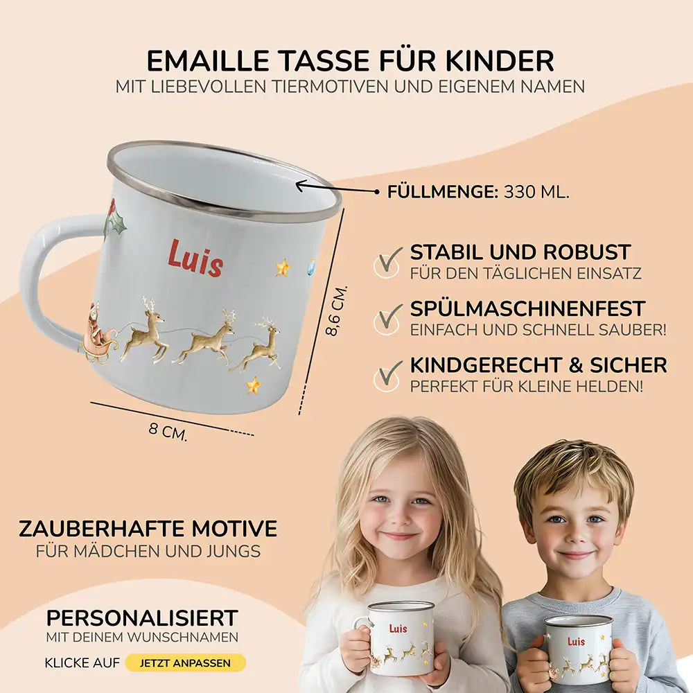 Emaille Tasse personalisiert Weihnachten - Rentier Schlitten