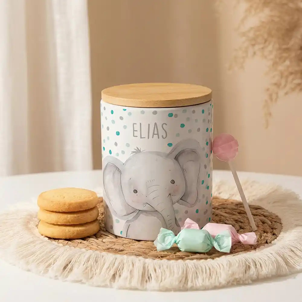 Personalisierte Keksdose Elefant Konfetti aus Keramik mit Bambusdeckel - Wunschname - kadsmood.com