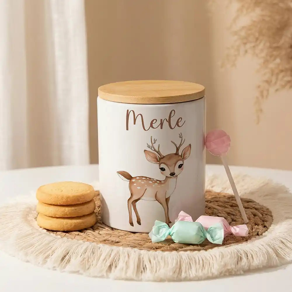 Personalisierte Keksdose Rehkitz Bambi aus Keramik mit Bambusdeckel - Wunschname - kadsmood.com