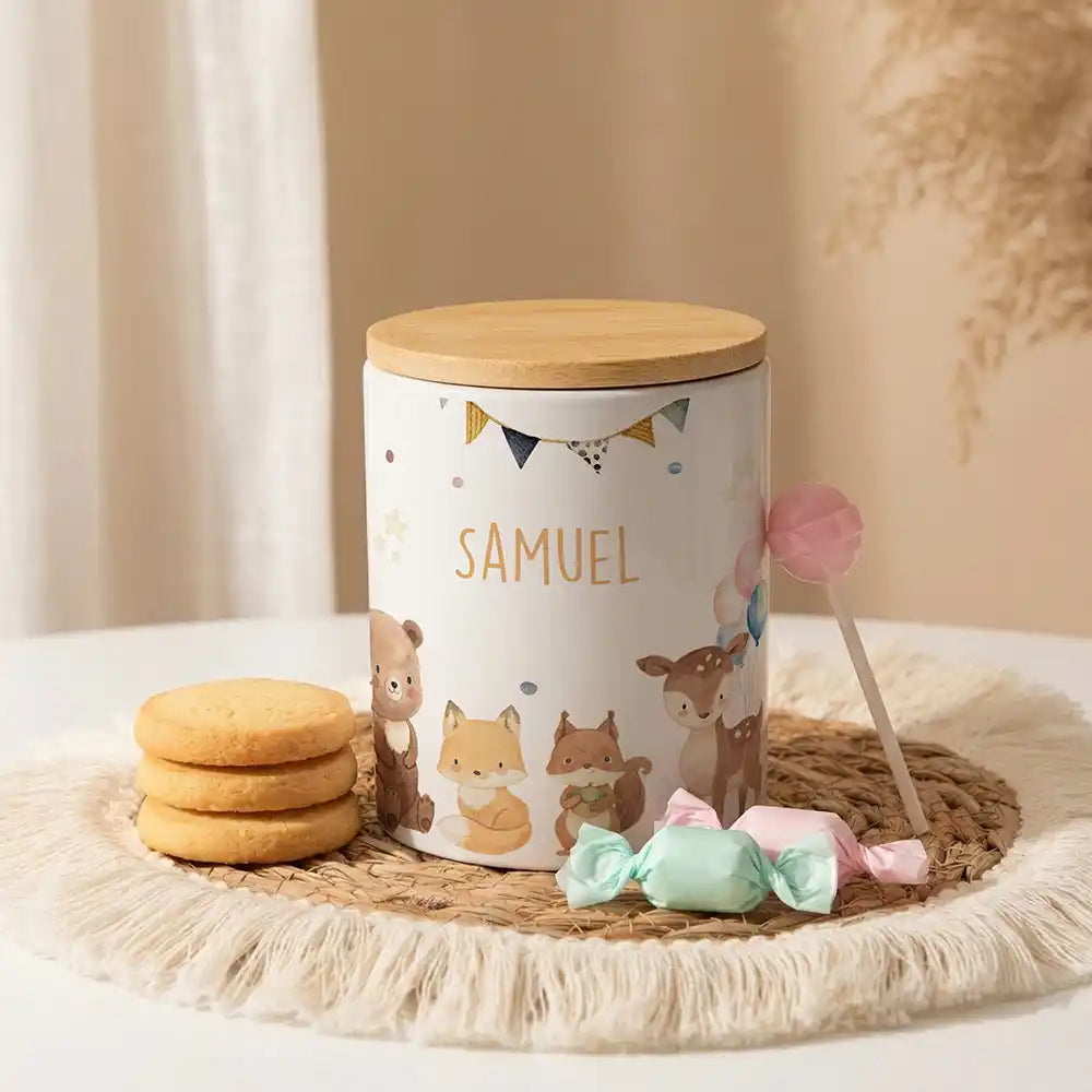 Personalisierte Keksdose Waldtiere Party aus Keramik mit Bambusdeckel - Wunschname - kadsmood.com