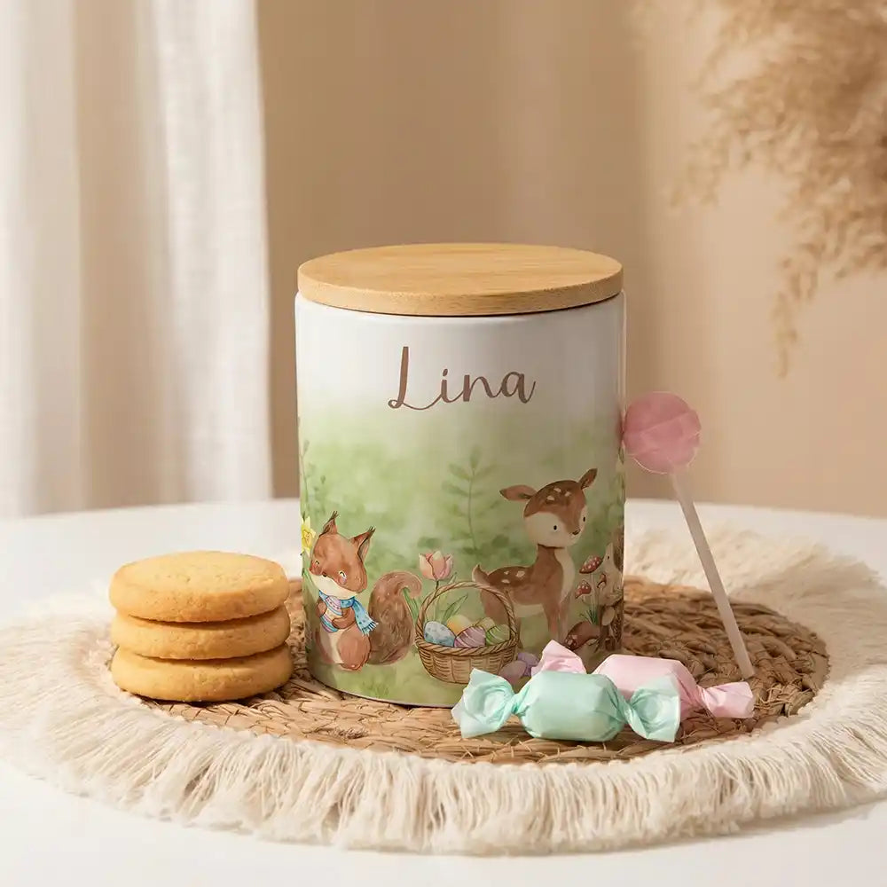 Personalisierte Keksdose Ostern Reh & Fuchs aus Keramik mit Bambusdeckel - Wunschname - kadsmood.com