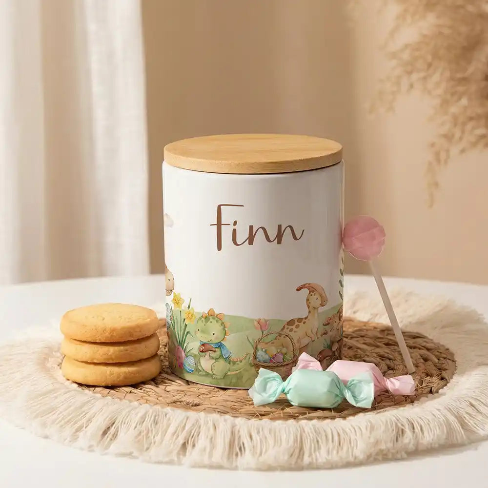 Personalisierte Keksdose Dinos Ostern aus Keramik mit Bambusdeckel - Wunschname - kadsmood.com