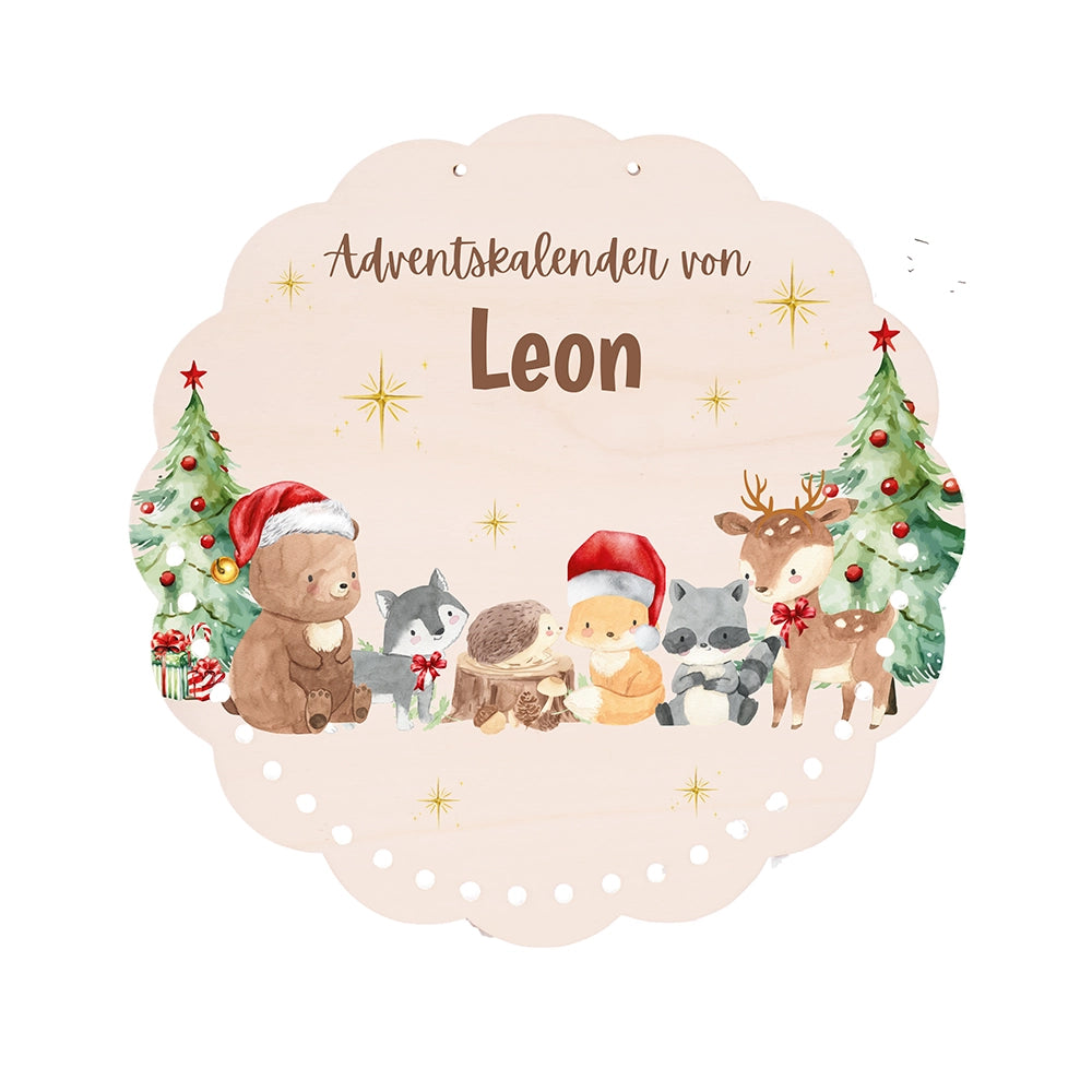 Personalisierter runder Adventskalender Kinder aus Holz - Winterwunderland