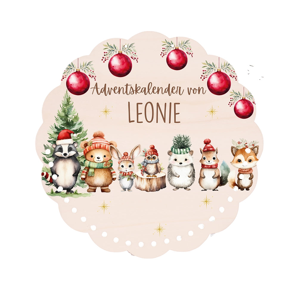 Personalisierter runder Adventskalender Kinder aus Holz - Kuschelige Winterfreunde