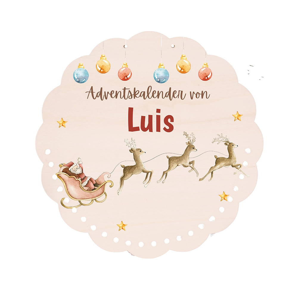 Personalisierter runder Adventskalender Kinder aus Holz - Rentiere
