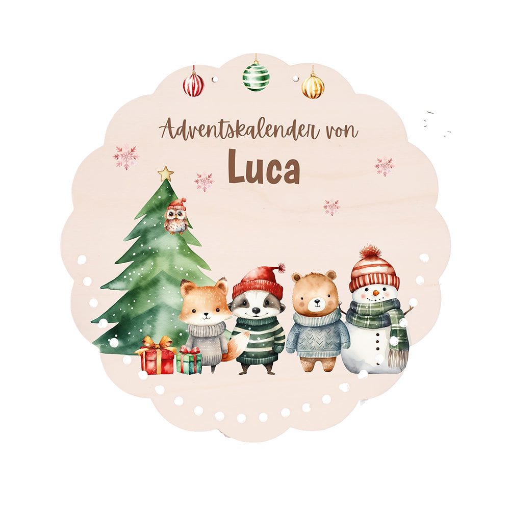 Personalisierter runder Adventskalender Kinder aus Holz - Tierische Weihnachtsbande