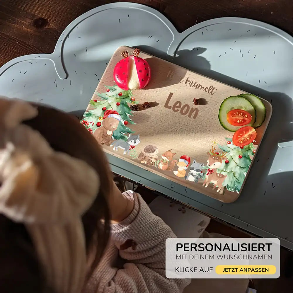 Weihnachts-Set Frühstücksbrettchen und Emaille Tasse - Niedliche Waldtiere