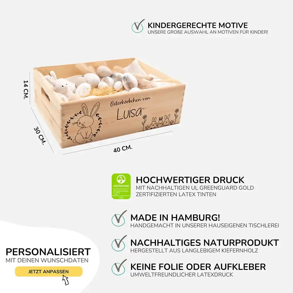 Osterkiste Holz personalisiert - Blumenkranz & Hasenbande
