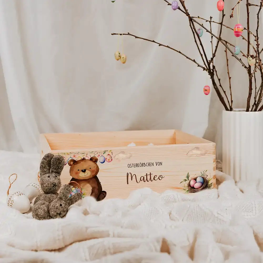 Osterkiste Holz personalisiert - Wolkenbär & Eiernest