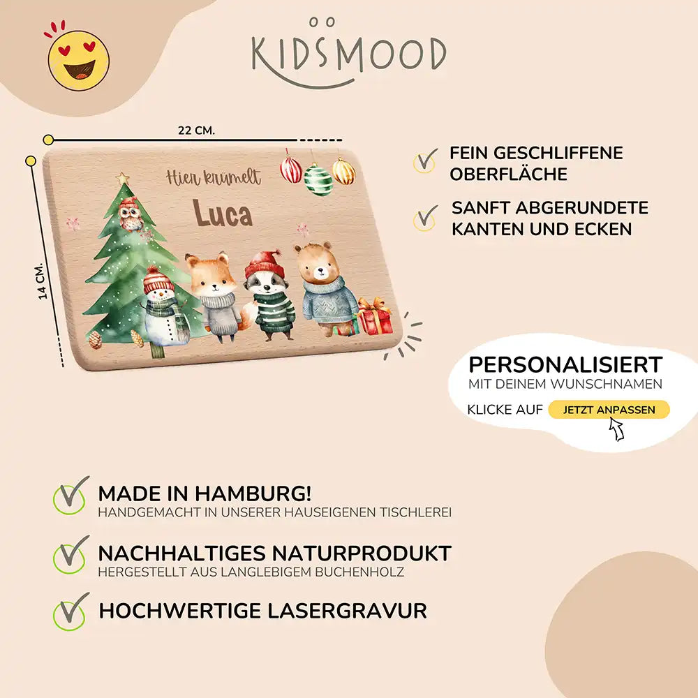 Weihnachts-Set Frühstücksbrettchen und Emaille Tasse - Kuscheltier-Abenteuer