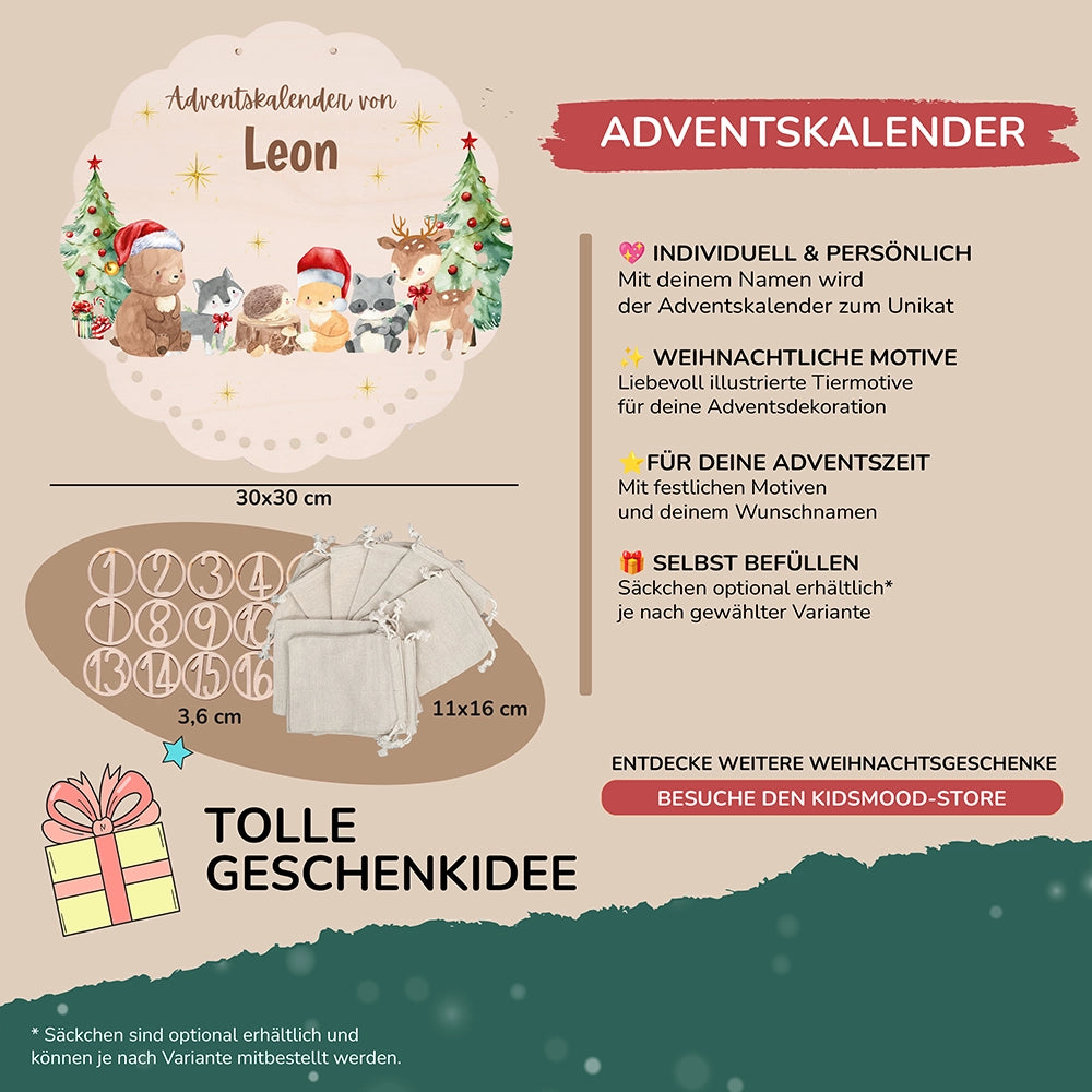 Personalisierter runder Adventskalender Kinder aus Holz - Weihnachtsfreude