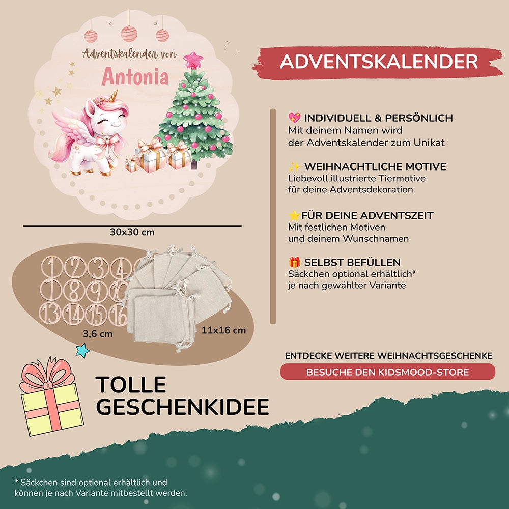 Personalisierter runder Adventskalender Kinder aus Holz - Baby Einhorn