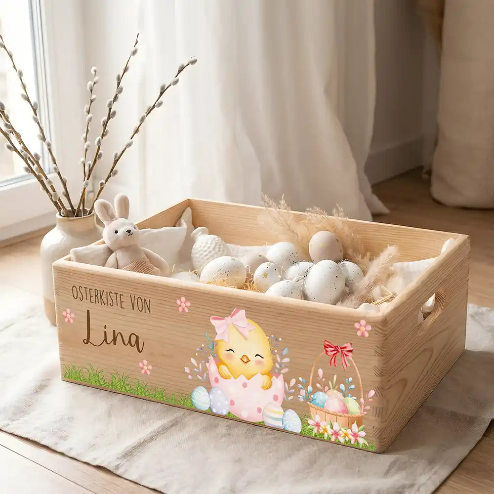 Osterkiste Holz personalisiert - Frühlingsküken
