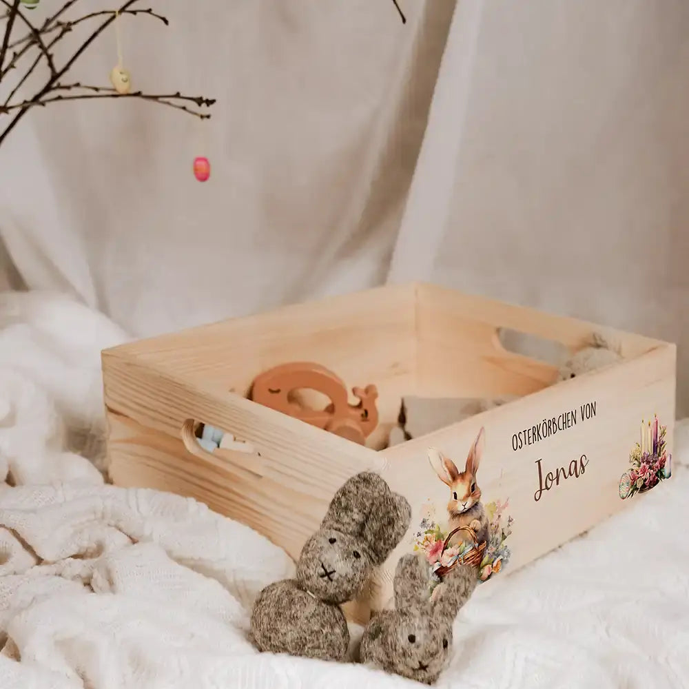 Osterkiste Holz personalisiert - Osterhase mit Kerzen