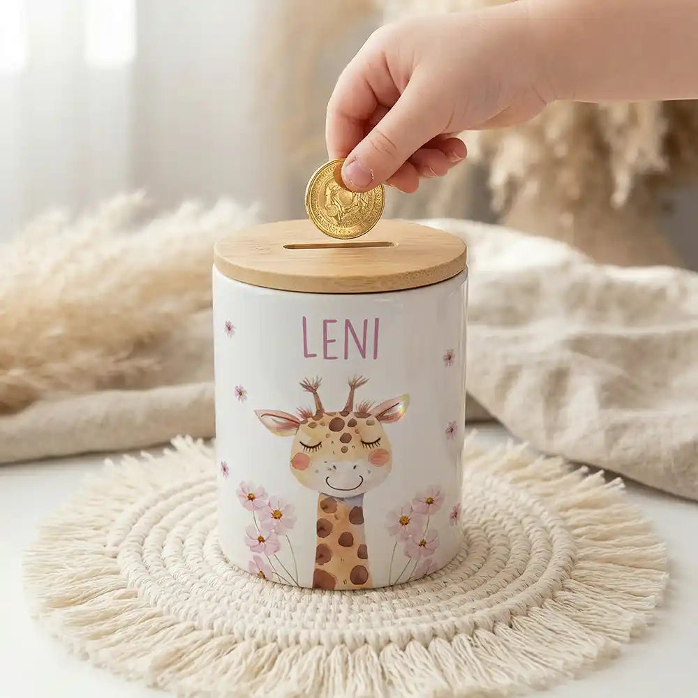 Personalisierte Spardose Giraffe Blumen â Keramik & Bambus mit Wunschname