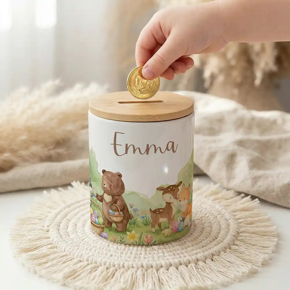 Personalisierte Spardose Ostern BĂ€renfamilie â Keramik & Bambus mit Wunschname