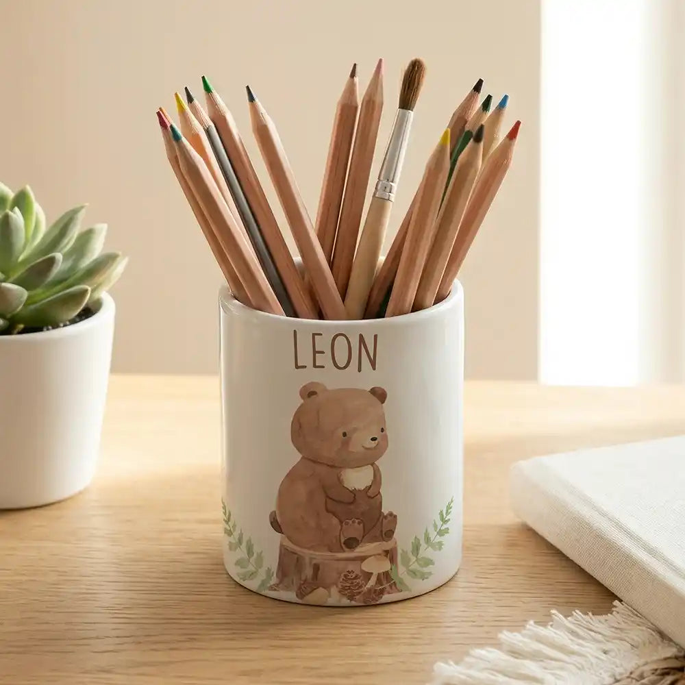 Personalisierter Stiftehalter BĂ€r Wald - Keramik weiĂ-matt - Detailansicht