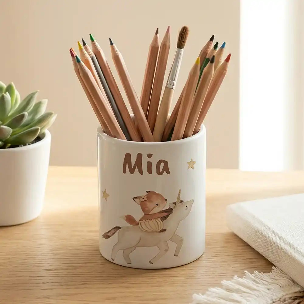 Personalisierter Stiftehalter Fuchs & Einhorn - Keramik weiĂ-matt - Detailansicht