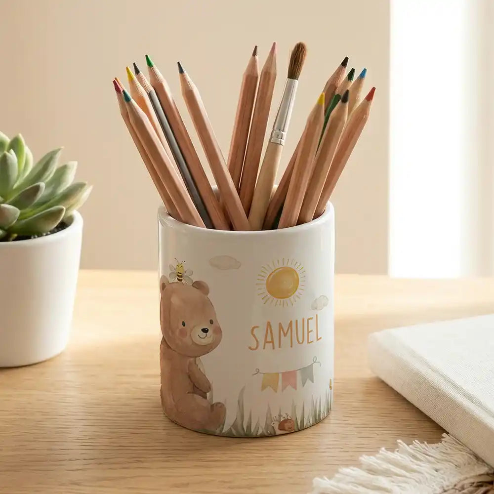 Personalisierter Stiftehalter BĂ€r Sommer - Keramik weiĂ-matt - Detailansicht