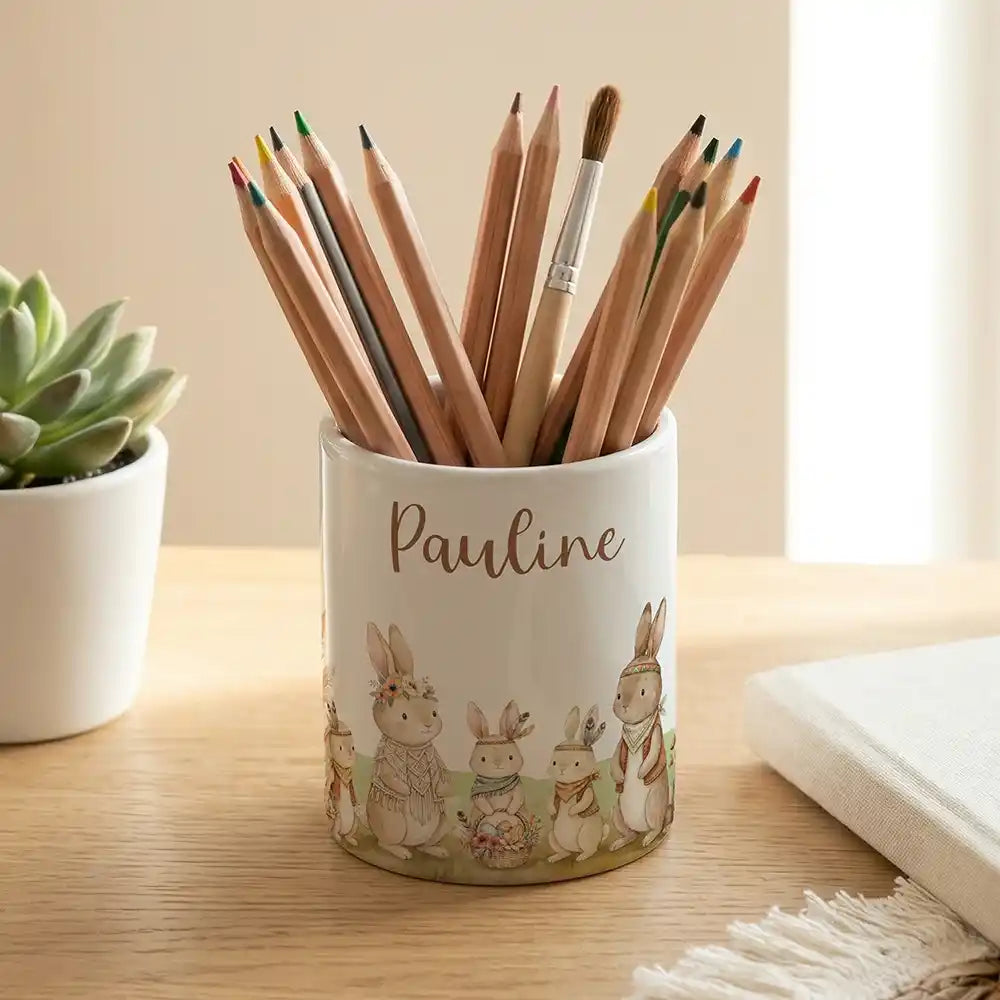 Personalisierter Stiftehalter Boho-Hasen - Keramik weiĂ-matt - Detailansicht