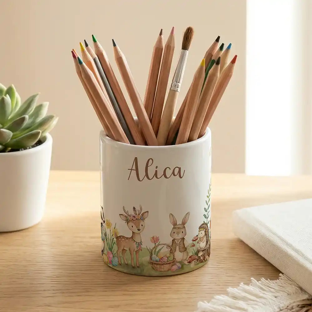 Personalisierter Stiftehalter Ostern Waldtiere-Treff - Keramik weiĂ-matt - Detailansicht