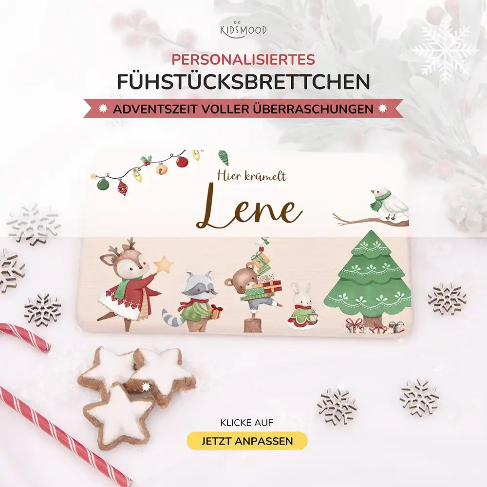 Weihnachts-Set Frühstücksbrettchen + Emaille Tasse - Tanzende Tiere